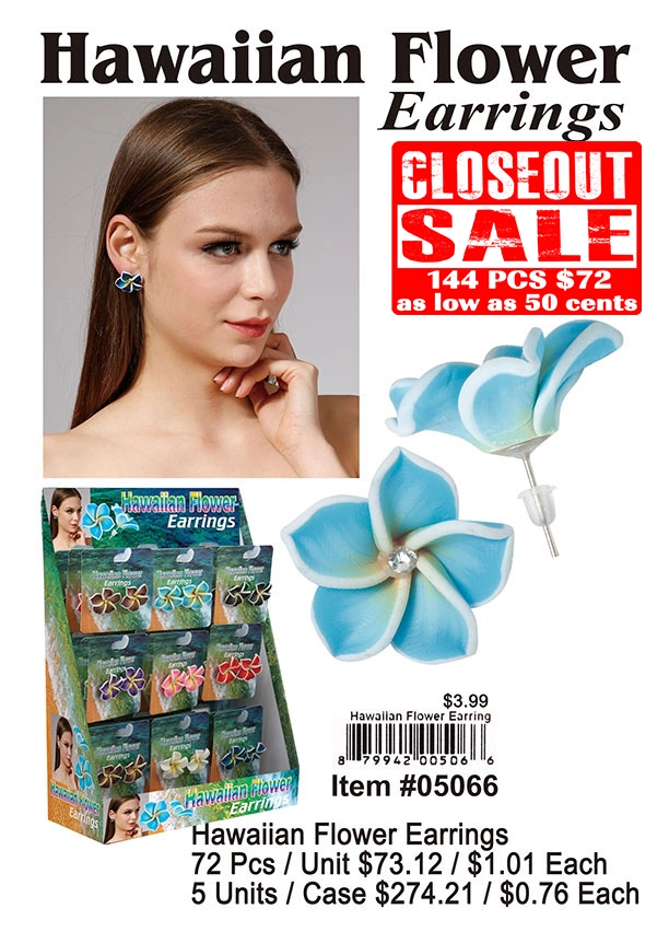 Hawaiian Flower Earrings - Closeout 144 Pcs.